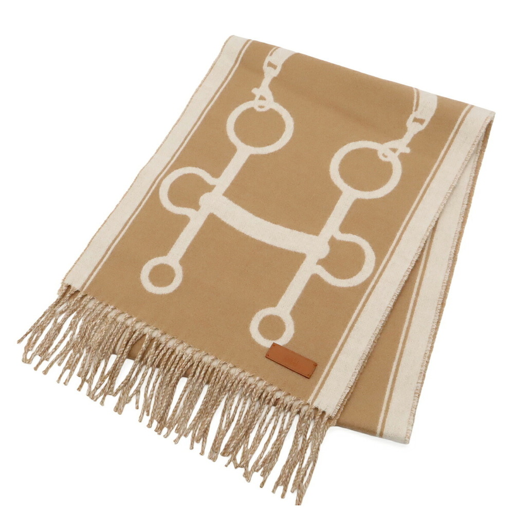 HERMES Hermes Mole Scarf Stole 100% Cashmere Beige White